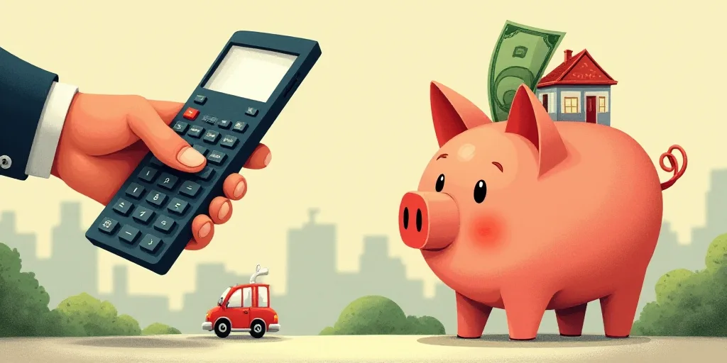 a person holding a calculator and a piggy bank with money and a car on it and a house, Cui Bai, deta