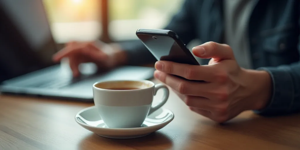 a person holding a cell phone in their hand with a laptop in the background and a cup of coffee in f