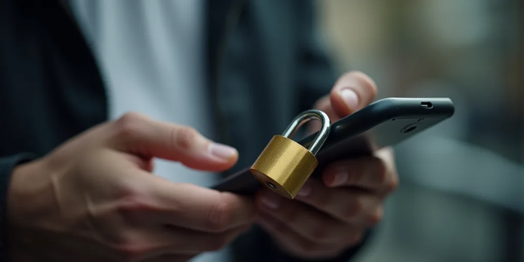 a person holding a cell phone with a padlock attached to it and a padlock attached to a padlock, And