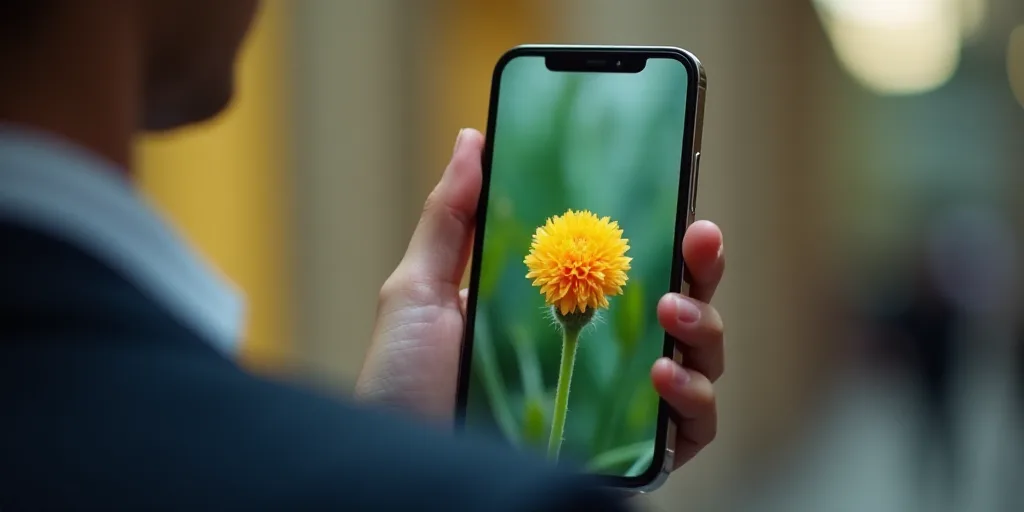 a person holding a cell phone with a notification feature on it's screen and a flower on the screen,