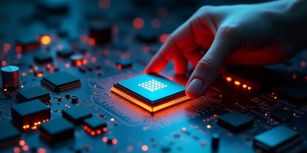a person holding a chip in their hands over a computer chip on a table top with other electronic com