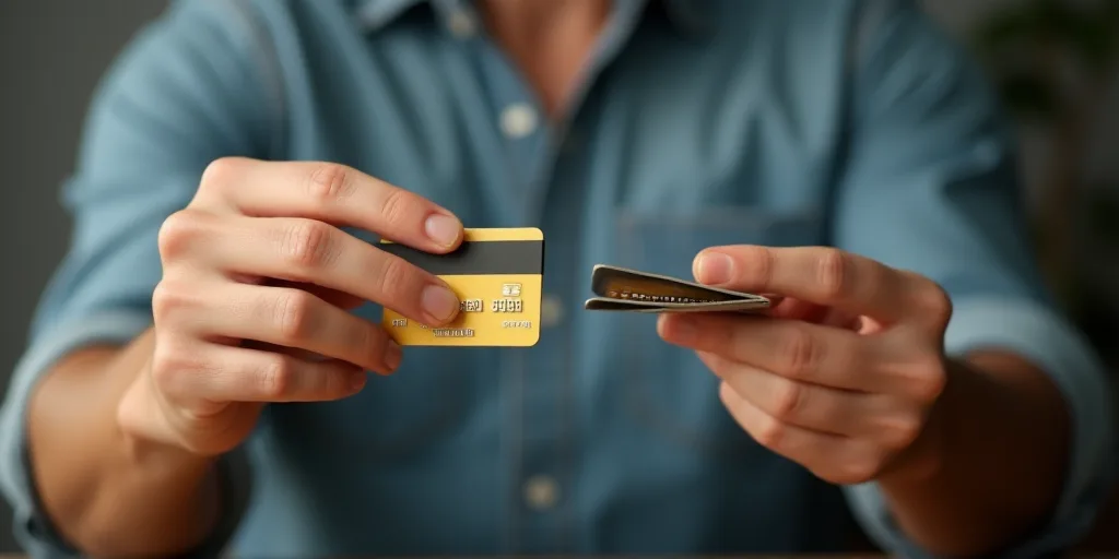 a person holding a credit card in their hand and a credit card in their other hand with a credit car