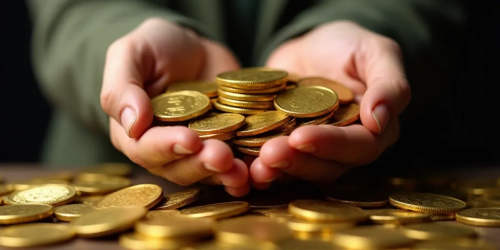 a person holding a handful of coins in their hands with a lot of them in the background and a pile o