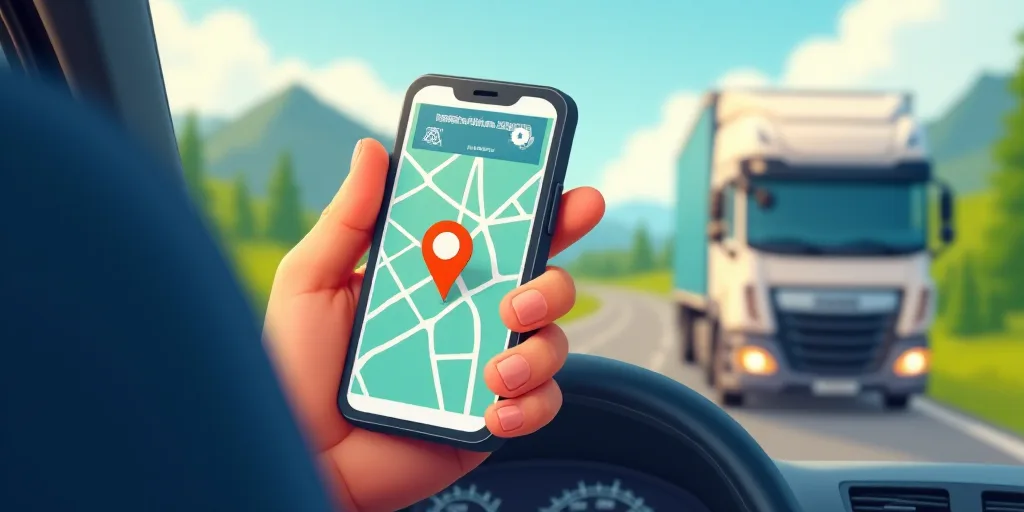 a person holding a phone and a truck with a gps app on it's screen, with a map and location marker i