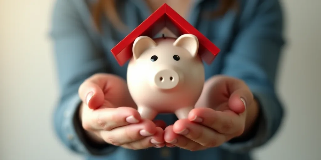 a person holding a piggy bank and a house model in their hands, with a red roof on top, Évariste Vi