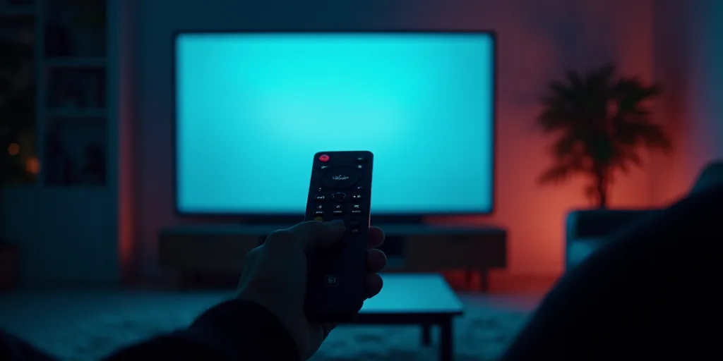 a person holding a remote control in front of a television screen with a television on it's side, Av