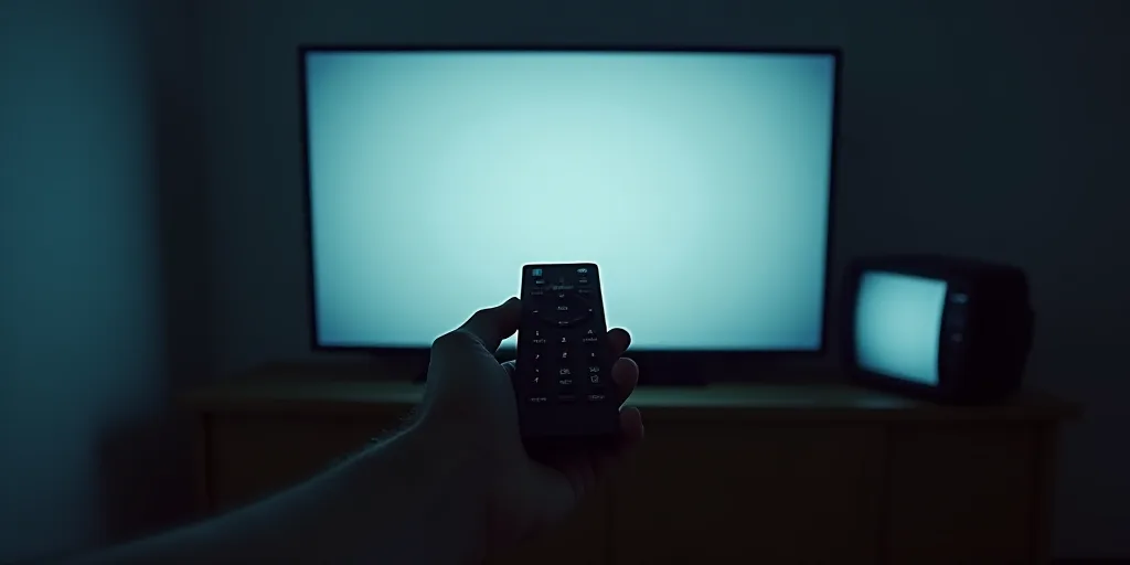 a person holding a remote control in front of a television screen with a television on it's side, Av