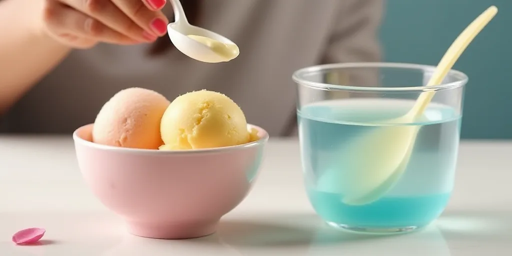 a person holding a spoon in a bowl of ice cream and water with a plastic spoon in it and a plastic c
