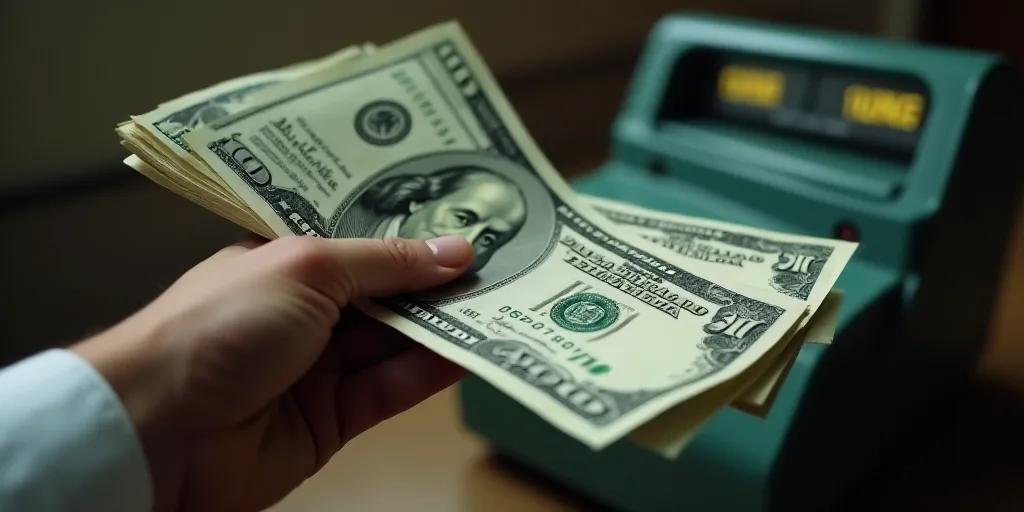 a person holding a stack of money in front of a machine with a bunch of bills in it's hand, Benjamin