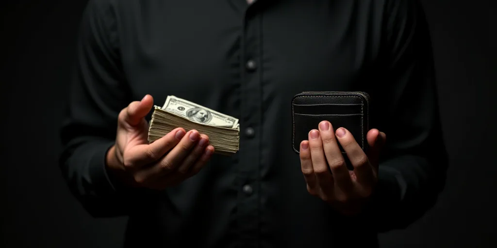 a person holding a stack of money in their hand and a wallet in their other hand, in the dark, Carlo