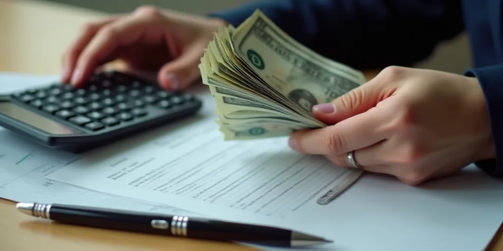 a person holding a stack of money in front of a calculator and keyboard on a desk with a calculator
