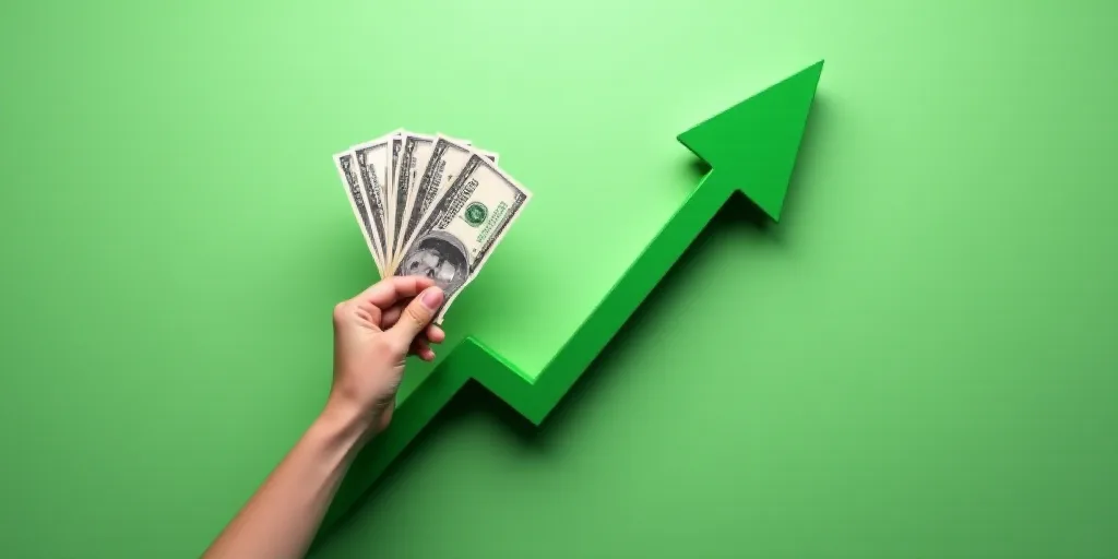 a person holding money with a green arrow pointing up at it and a chart going up behind them that sh
