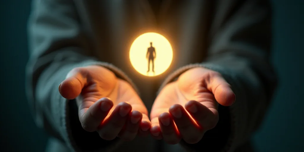 a person holding out their hands with a glowing circle in the middle of them with a person in the mi