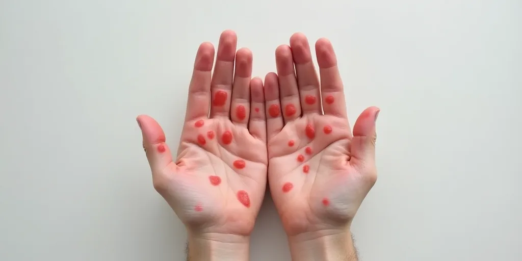 a person holding their hands with red spots on them and a white background with a gray background an