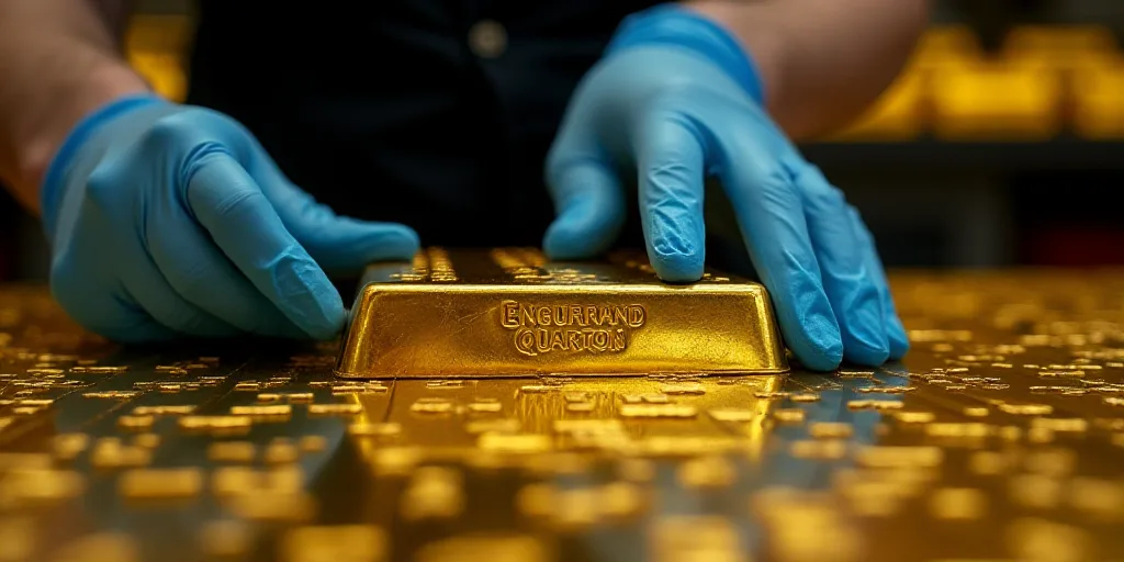 a person in blue gloves and gloves cleaning gold bars in a store setting with other gold bars in the