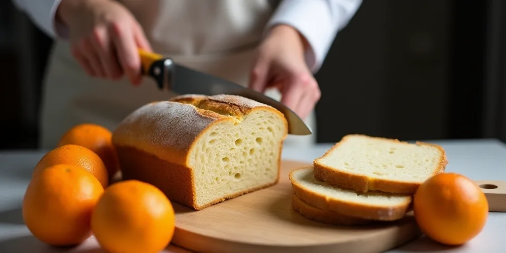 a person is cutting a loaf of bread with oranges on the side and other oranges around it, Eve Disher