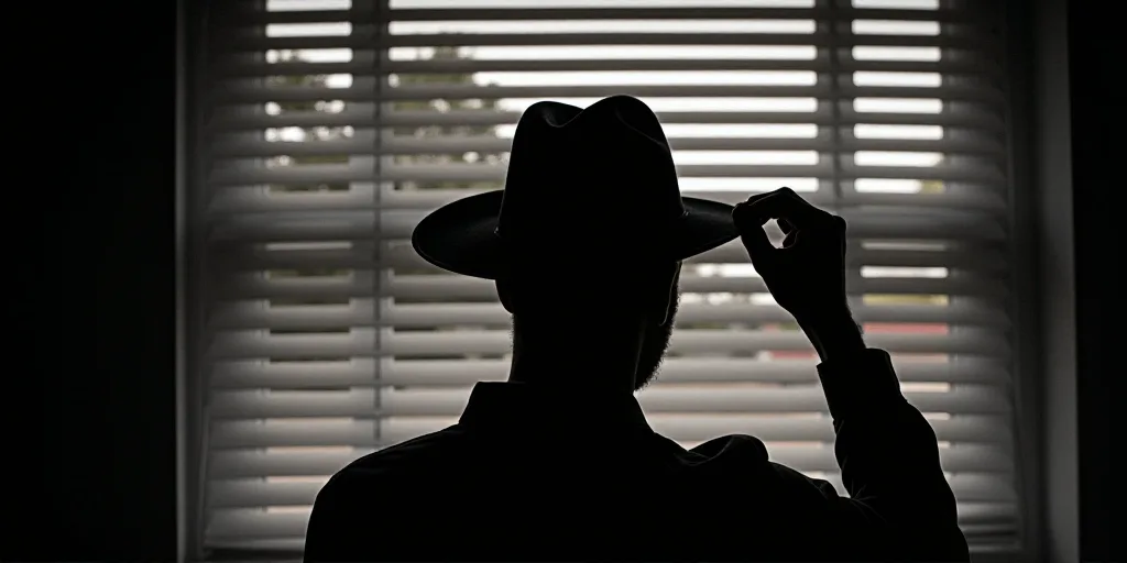 a person is holding a hat and looking out a window with blinds closed and a hat on his head, Cedric