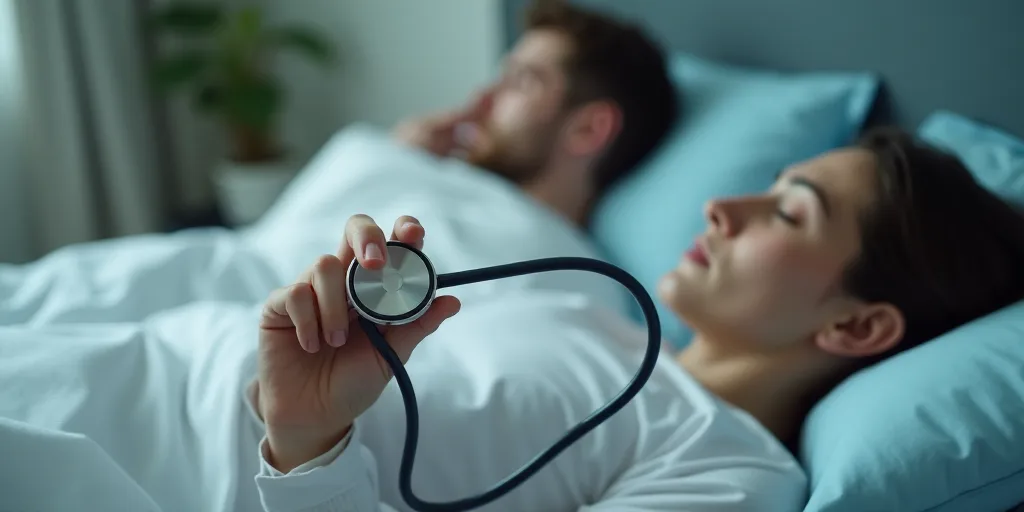 a person laying in bed with a stethoscope in their hand and a person laying on the bed, Aquirax Uno,