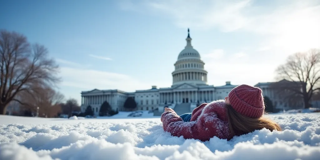 a person laying in the snow in front of the capitol building in washington dc, usa, on a sunny day,