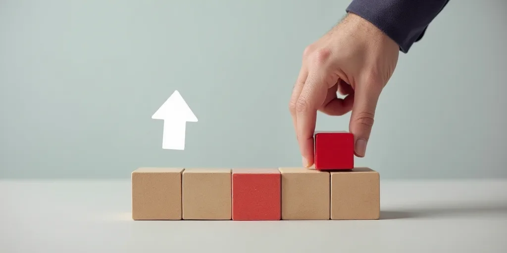 a person placing a red block on top of a building with a white arrow pointing up at it and a red blo
