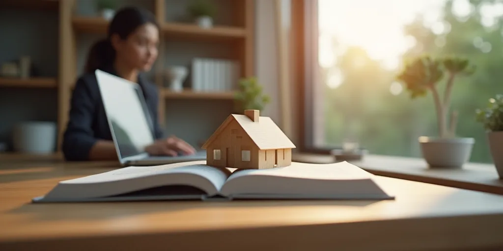 a person sitting at a table with a book and a house model on it and a laptop computer in the backgro