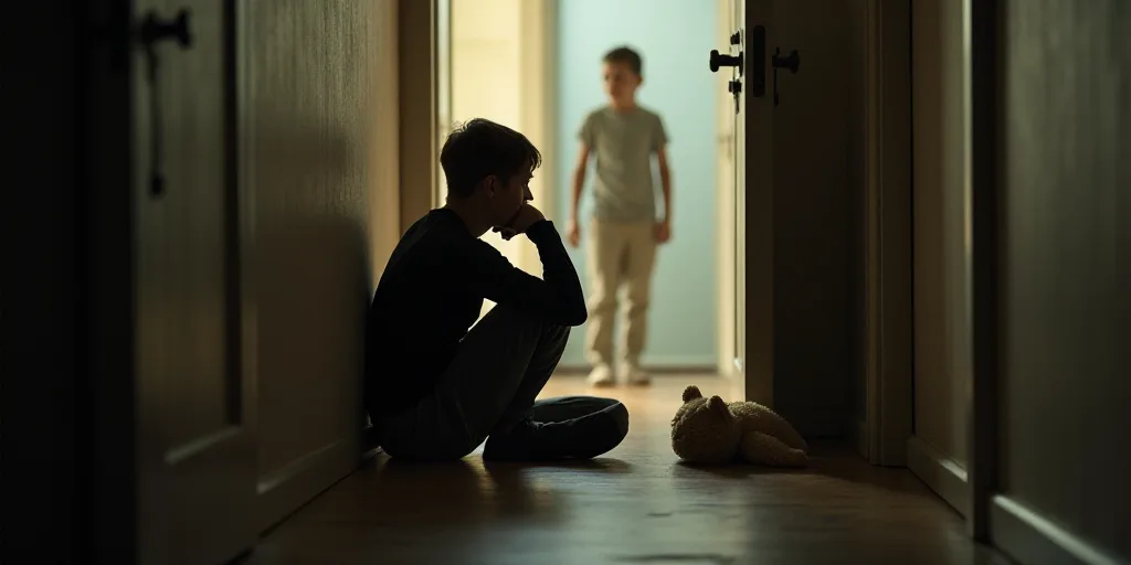 a person sitting on the floor with a stuffed animal next to them and a door behind them with a perso