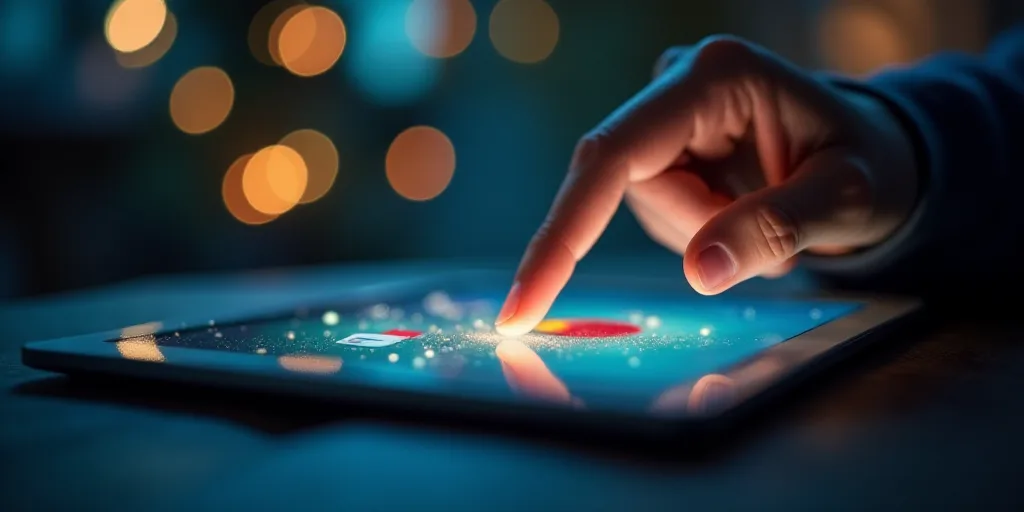 a person touching a button on a tablet with a christmas theme on it's screen and a hand holding a fi