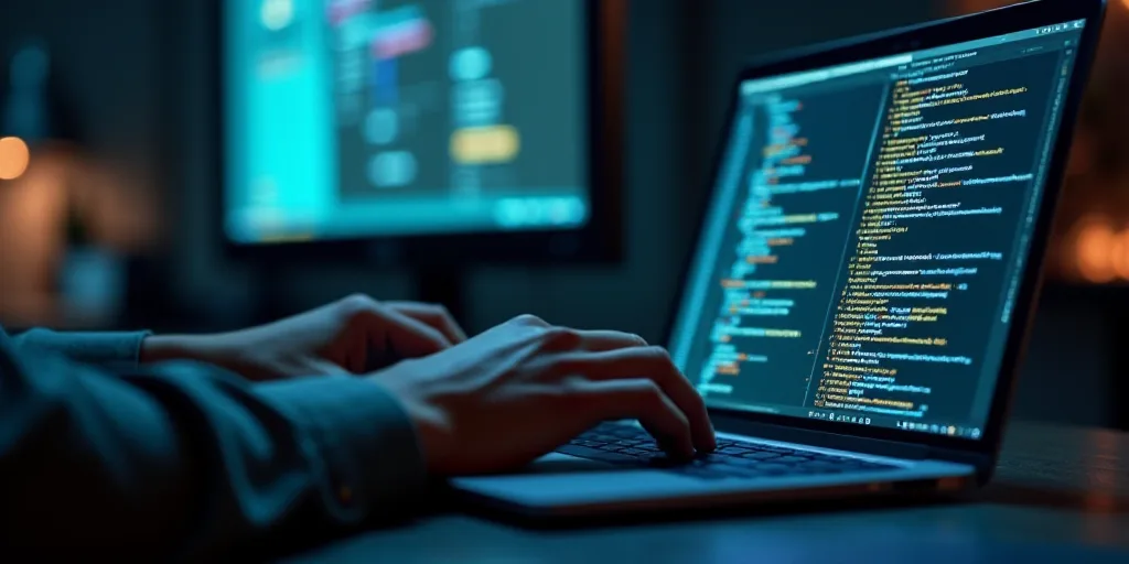 a person typing on a laptop with a screen covered in code code on it's side and a computer screen in