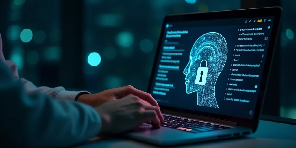 a person using a laptop with a graphic of a head on it and a key to unlock a person, Ai-Mitsu, cyber