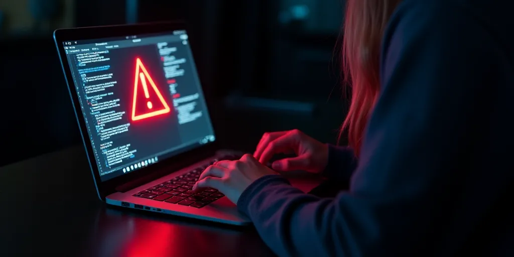 a person using a laptop with a red warning symbol on the screen and a red warning symbol on the scre