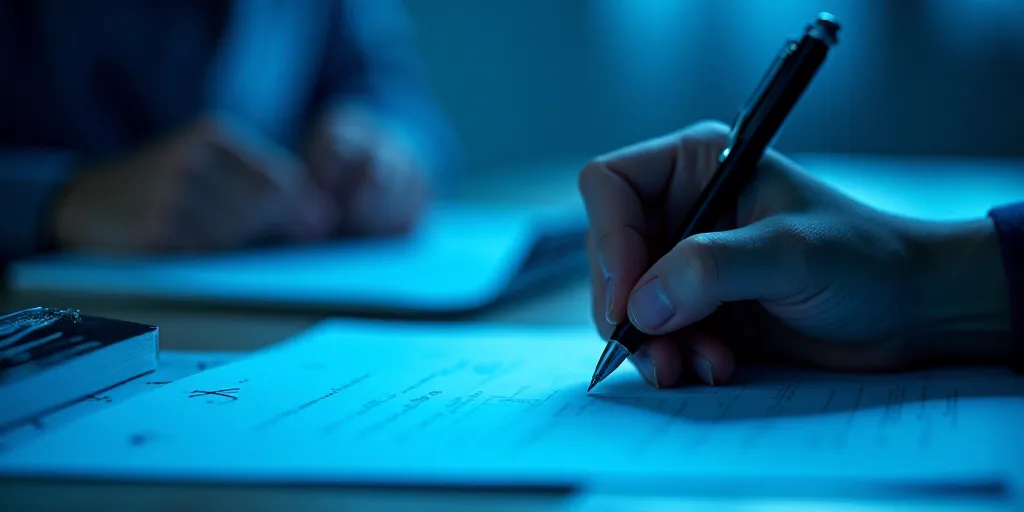 a person writing on a piece of paper with a pen in it and a blue background with a line of light, Ed
