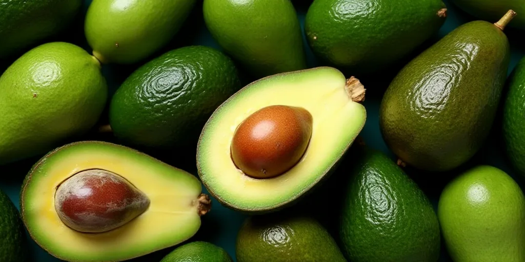a pile of avocados with one cut in half and one whole in the middle of the pile, Ay-O, olive skin, a