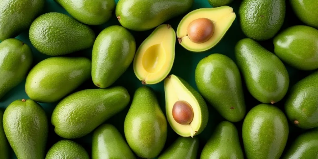 a pile of avocados with one cut in half and one whole in the middle of the pile, Aya Goda, olive ski