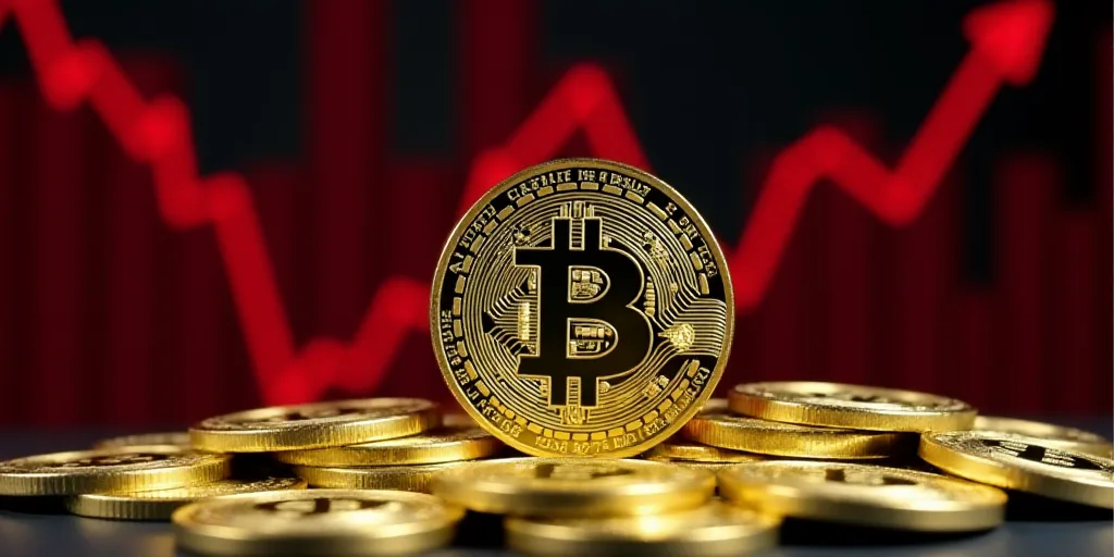 a pile of bitcoins with a red arrow going up in the background with a red line going up, Andries Sto