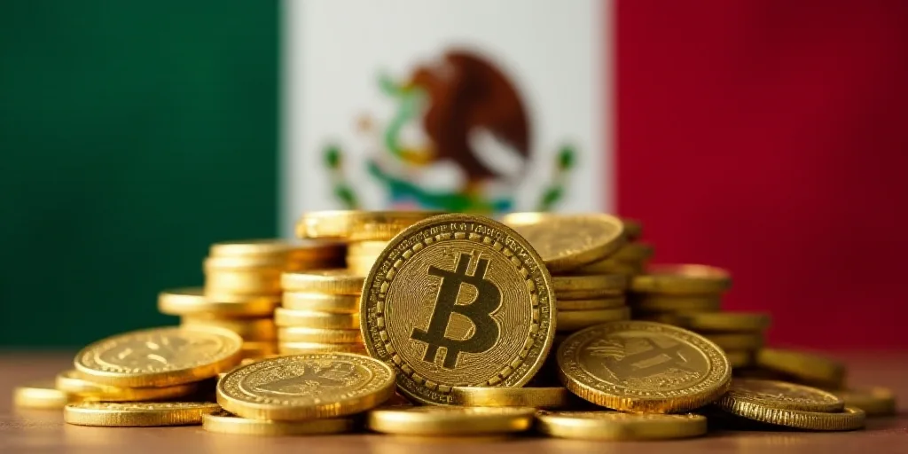 a pile of coins with a flag of mexico in the background and a pile of gold coins in front of it, Aqu