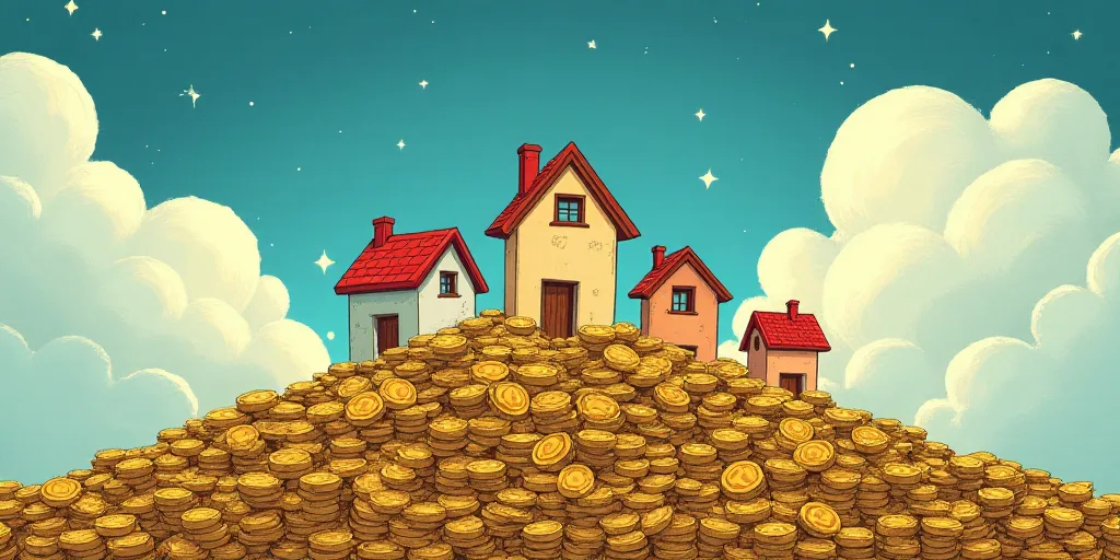 a pile of coins with houses on top of it and a sky background with clouds and stars above them, Avgu