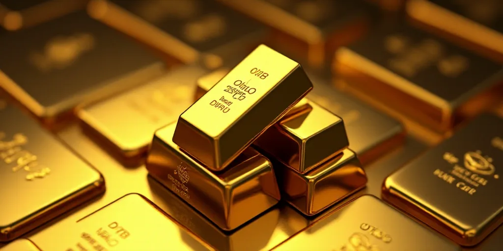 a pile of gold bars sitting on top of each other on a table next to stacks of other gold bars, Engue