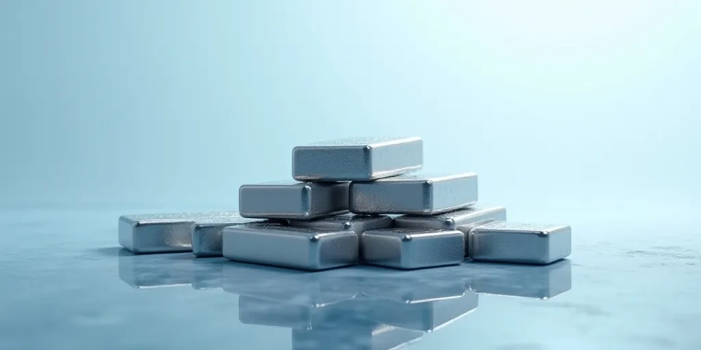 a pile of silver bars sitting on top of each other on a table top with a blue background and a white
