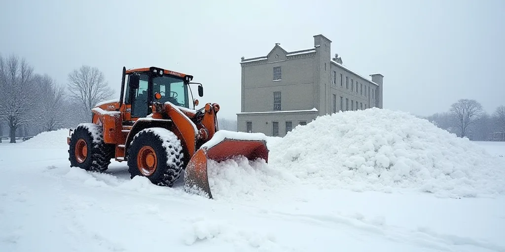 a pile of snow with a building in the background and a large snow plow in the foreground, Dennis Ash
