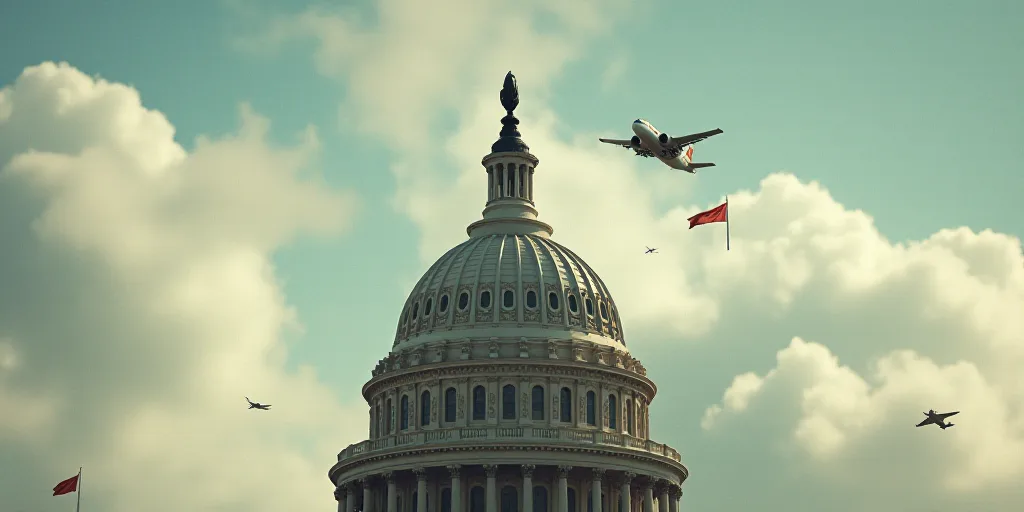 a plane flying over the dome of a building with a flag on it's side and a flag on the other side, An