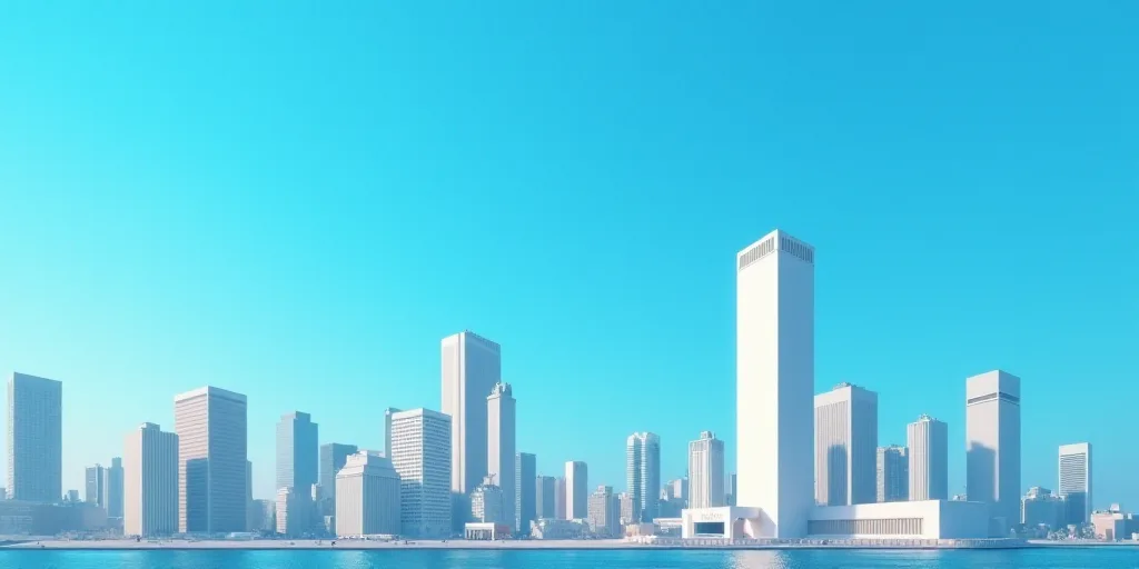 a poster of a city with a blue background and a white building with a blue sky in the background, Al