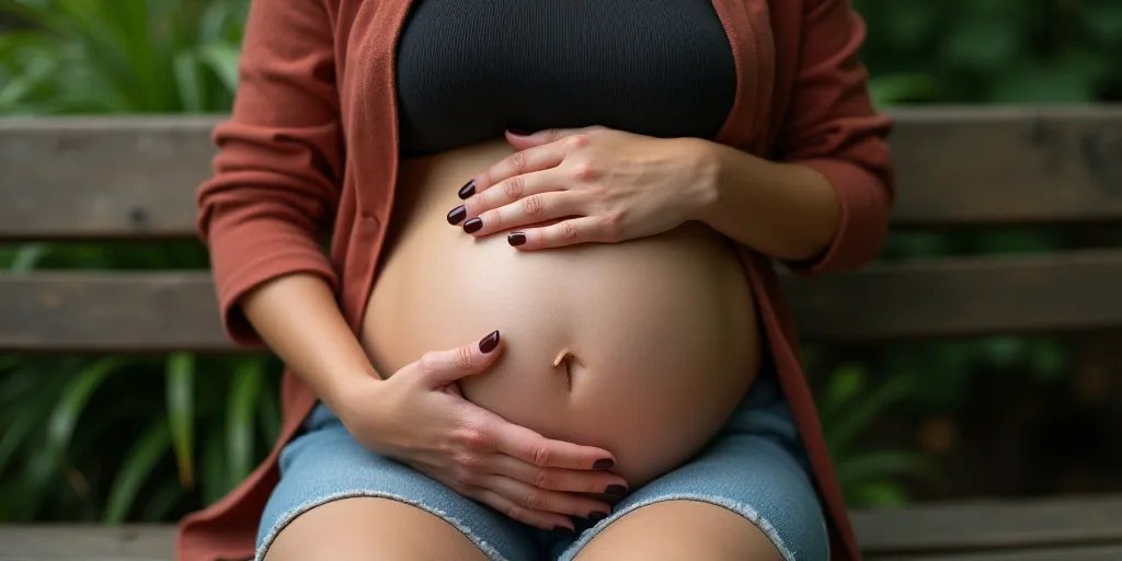 a pregnant woman sitting on a bench holding her hands together with her stomach exposed and her hand