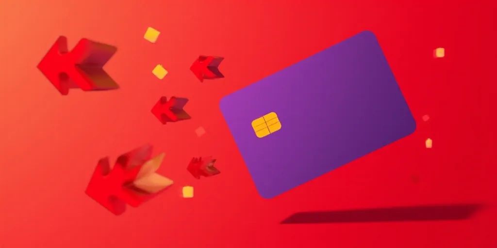 a purple credit card flying through the air with arrows in the background and a red background with