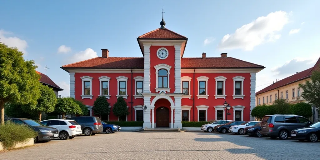 a red and white building with a clock tower in the background and a few cars parked in front of it,