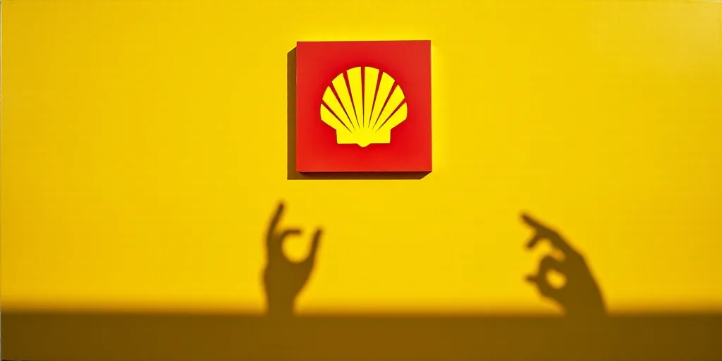 a red and yellow shell logo on a yellow wall with a shadow of a hand holding a phone in the foregrou