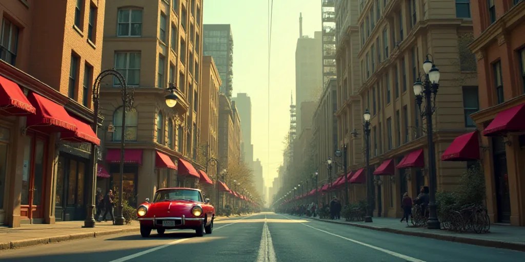 a red car driving down a street next to tall buildings with people in it's top down and a red car wi