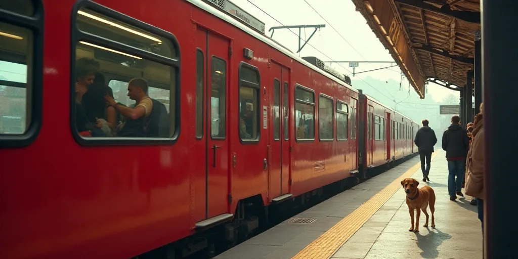 a red train is stopped at a station with people on it and a dog standing on the platform next to it,