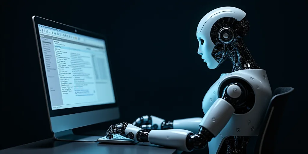 a robot is using a computer screen to see data on it's screen screen, with a dark background, Ai-Mit