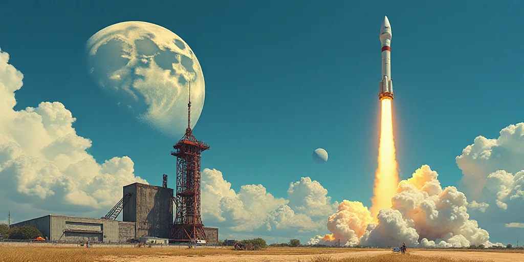 a rocket with a large moon in the background and a building with a crane in the foreground and a blu