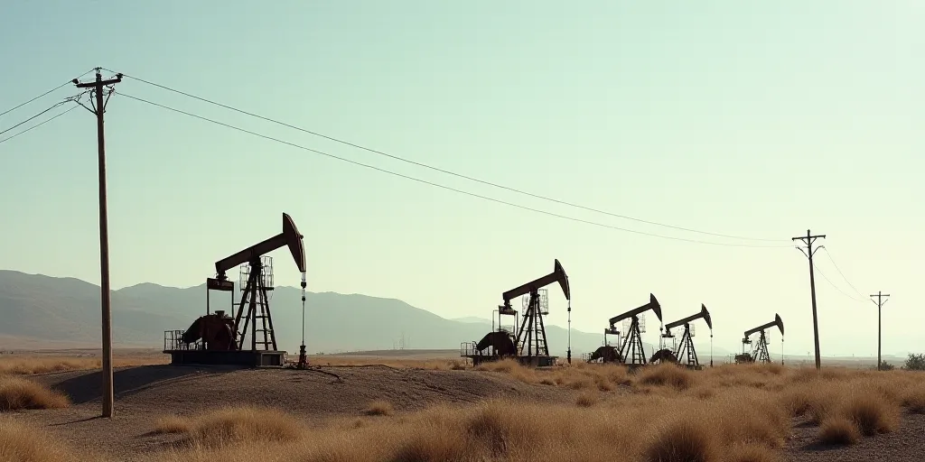 a row of oil pumps sitting on top of a hill next to a telephone pole and a telephone pole, Elbridge